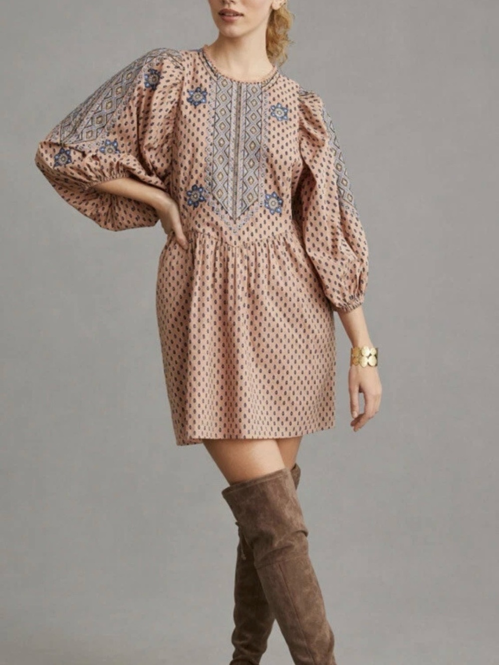 Anthropologie Peach Mini Dress with Blue Embroidery